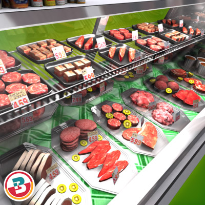 3D Model of Typical grocery store retail meat counter. - 3D Render 5